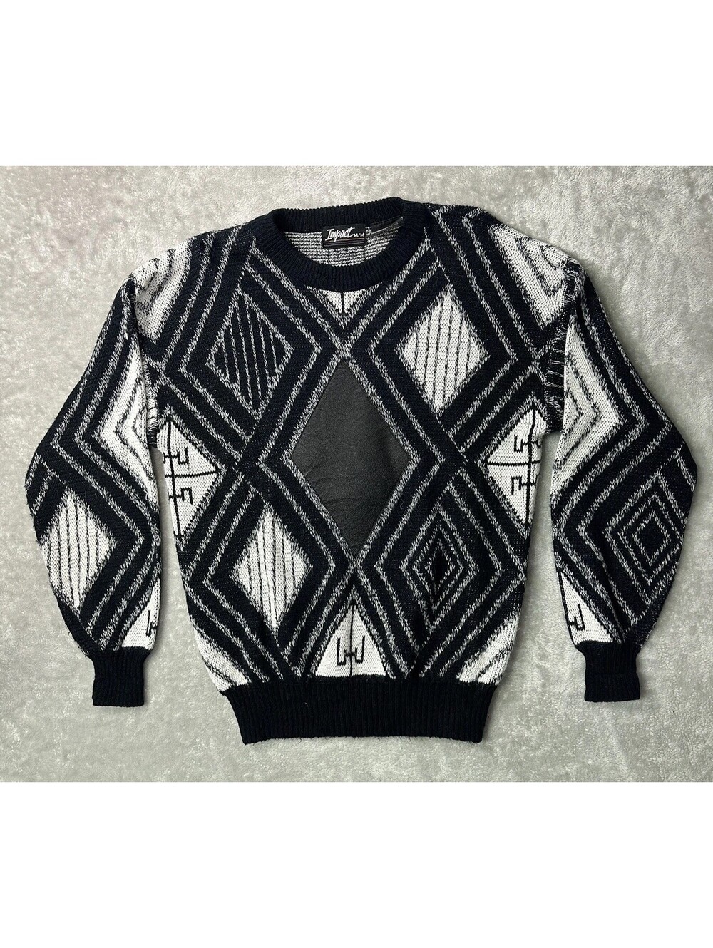 Vintage IMPACT Black White Leather Diamond Print Geometric Sweater Shirt  Size M